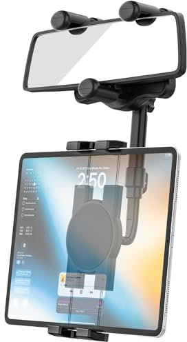 Phichy Tablet Halterung Auto Rückspiegel für 4,7-13 Zoll iPad, 360°Drehbarer Verstellbare KFZ Spiegel Tablethalterungen Auto für iPad Pro/Air/Mini, Smartphone, Galaxy Tab, Surface Go, Fire HD, iPhone
