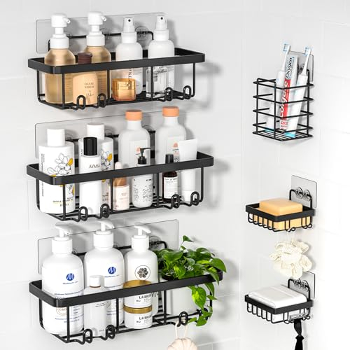 TGNISI Duschablage Ohne Bohren 6 Stuck, Stark Haftendes Duschregal,Badezimmer Regal mit Zahnpastahalter und Seifenhalter, Duschkorb, Shampoo Halterung fur Dusche, Badezimmer Organizer (Schwarz)