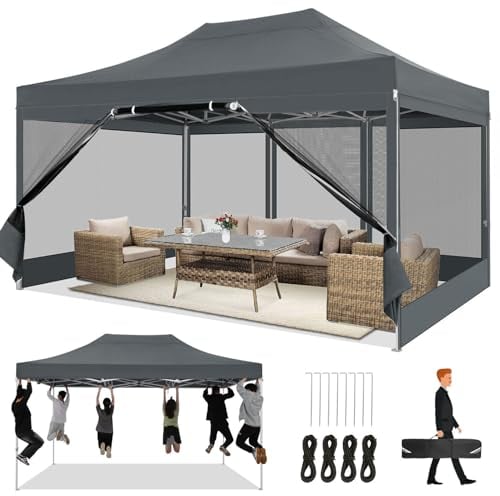 COBIZI Tonnelle de Jardin 3x4.5m Extérieure Pliante Imperméable avec Paroi Latérale en Maille, Hauteur Réglable pour Patios, Jardin, Camping, Parti, Gris