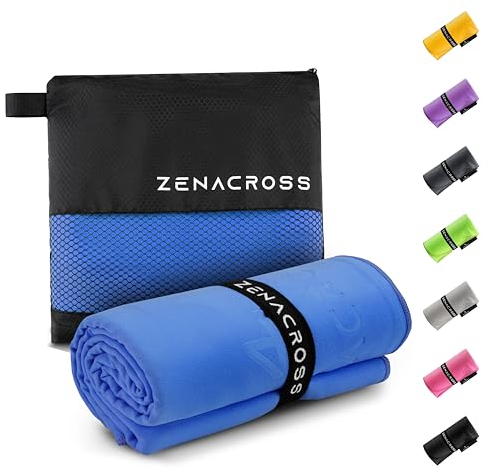 ZENACROSS Mikrofaser Handtuch mit Transportbeutel - Schnelltrocknendes und vielseitiges Fitness Handtuch - Sporthandtuch Größen XL - Blau - 90x180cm