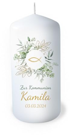 Kerze Kommunion individuell mit Namen als Tischdeko. Tischdekoration Kommunion als Geschenk personalisierbar. Liebevolle Kerze Eukalyptus Fisch Kranz Brenndauer: 35 Stunden, Ø6,8 x Höhe 15 cm