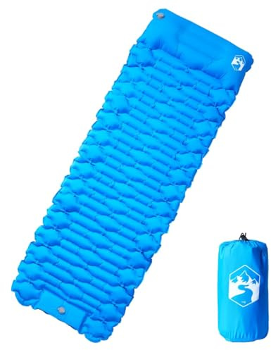 vidaXL Isomatte, Luftmatratze mit Integriertem Kissen Fußpumpe, Campingmatte Tragbar Selbstaufblasend, Schlafmatte, Blau 40D-Nylon