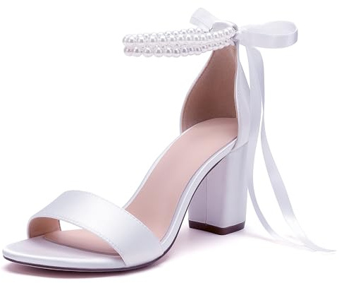 HKMFLYY Sandales à bout ouvert pour femme - Chaussures de mariée - Sandales à talons hauts - Sandales en satin - Talon bloc - Bride de cheville - Pour bal de fin d'année, soirée