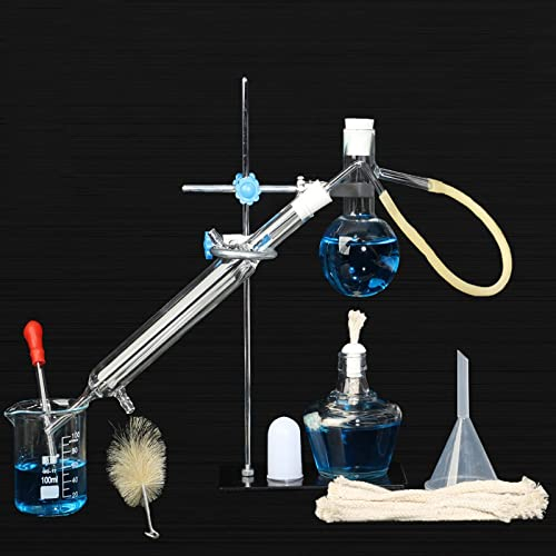 Lab Essential Oil Distillation Apparatus Water Distiller Purifier Glassware Kits Home Distillation Alcohol Distiller Chemical Experiment Equipment W/Funnel Condenser Pipe