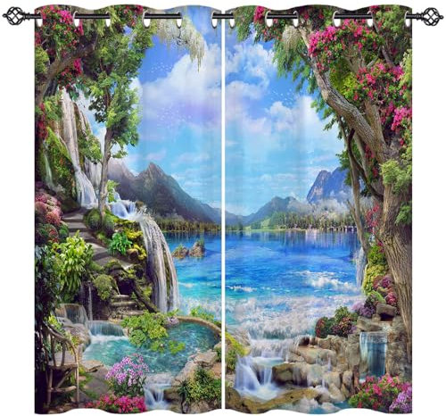 ANHOPE Natur Garten Wasserfall See Gardinen Blickdichte mit Ösen Weich Thermo Vorhänge Blackout Curtain Vorhang Wohnzimmer Schlafzimmer Verdunklungsvorhänge 2er Set H 138 x B 107 cm