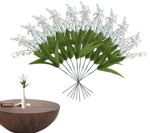 Qhvynpo Künstliche Maiglöckchen, künstliche Maiglöckchen – 10 künstliche Blumen in weißer Glocke, künstliche Mai-Blume, künstliche Blumen für die Hochzeitsfeier im Hausgarten, Orchideenstrauß mit