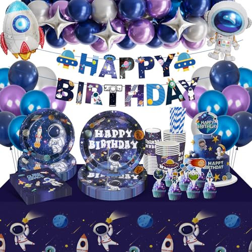 83 Stück Weltraum Partygeschirr Set, Astronaut Geburtstag Deko, Astronaut Pappteller Set mit Becher Servietten Trinkhalme Banner Tischdecken Luftballon für Weltraum Geburtstag Party Deko