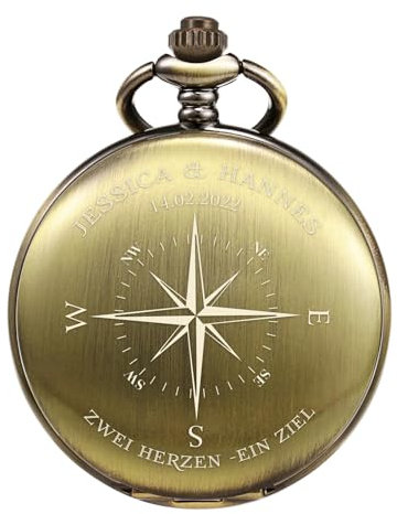 TREEWETO Taschenuhr mit Gravur, Personalisiertes Hochzeitsgeschenk, Geschenk für Paare mit Kompass, Personalisiert mit Namen und Datum, Bronze