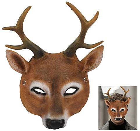 PUNELE Hirschkopfmaske, Halloween-Hirschmaske, Weihnachts-Rentier-Maske mit Geweih, realistische 3D-Tier-Cosplay-Maske, Halloween-Maske, Party-Requisiten (braun)