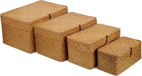 MSYU 4 Pack Woven Wicker Storage Bins with Lid, Button Hand-woven Rattan Desktop Storage Box Storage Basket Rectangular Household Organizer Boxes Shelf Wardrobe Organizer for Shelf Organizer