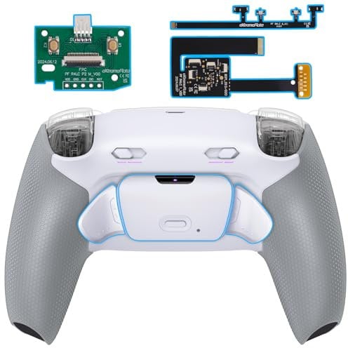 eXtremeRate RISE Plus MAX Remap Kit für ps5 Controller BDM-010/020, Custom Gummiert Griff Rückgehäuse & Programmierbare Back Paddles & Clicky Trigger Stops Kit für ps5 Controller–Weiß Grau