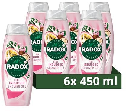 Radox Mineral Therapy Feel Indulged Shower Gel Body Wash uniquely blended with minerals, herbs and a passionfruit & shea scent for a mood-boosting experience 6x 450 ml