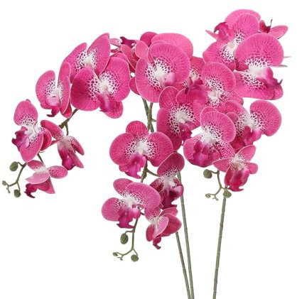PATIKIL Artificial Orchid Stems 41, 3 Pack 9 Heads Faux Phalaenopsis Flowers Real Touch Fake Orchid Flower Branch for Vase Home Wedding Decoration, White Fuchsia