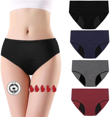 flintronic 4er-Pack Menstruationshöschen, Rot + Grau + Schwarz + Blau, L