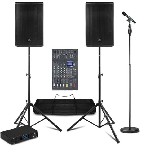 PD412A 12 Professional PA System with 1400W Active Speakers, PD210 Wireless Microphone System, 6-Channel Mixer, Tripods, Stands, and Cables - Ideal for Live Bands and Singers | live band pa system