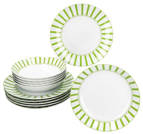 MamboCat Split grün 12tlg Tafelservice I weißes Porzellan-Geschirr mit Streifen für 6 Personen I 6X Suppenteller & 6X Speiseteller für Frühstück, Mittag & Abendbrot