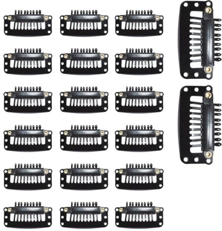OHREN Clips para Peluca, 20 Piezas Pinzas de Metal en Forma de U, Pinzas con Peine de 9 Dientes y de Presión para Extensiones de Clip de Pelo Natural y Redecilla para Peluca DIY (Negro)