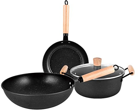 VGVSBG Kochgeschirr 3-teiliges Kochgeschirr-Set, Wok, Bratpfanne, Kochtopf mit Deckel, Töpfe, Pfannen-Set, Maifan-Stein, antihaftbeschichtete Eierpfanne, Kochutensilie