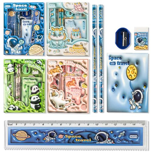 4Pcs Schreibwaren Studenten Set, Kinder Cartoon Schule Geschenk (Katze, Panda, Astronaut, Drache) mit Lineal, Bleistift, Bleistiftspitzer, Notizbuch, Radiergummi, für Bürobedarf Party Mitgebsel