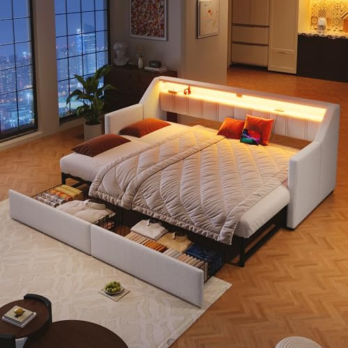 Polsterbett Tagesbett mit LED & USB Typ-C Ladefunktion, Ausziehbares Schlafsofa 90/180x200 cm, Multifunktionsbett Gästebett Einzelbett/Doppelbett mit 2 Schubladen & Lattenrost, Ohne Matratze, Beige