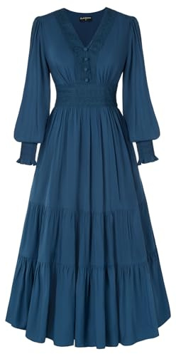 SCARLET DARKNESS Renaissance Historical Dress V Neck Long Sleeve Lace Trim Dresses Navy Blue M