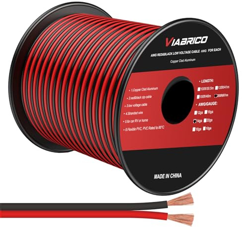 VIABRICO 60 Meter 14AWG 2x2,0mm² Elektrischer Draht, 2 Adrig Kabel 5V/12V/24V Stromkabel Kupferummanteltes Aluminium-Kupferkabel,Flexibel und Weich Niedrige Impedanz Verlängerungskabel