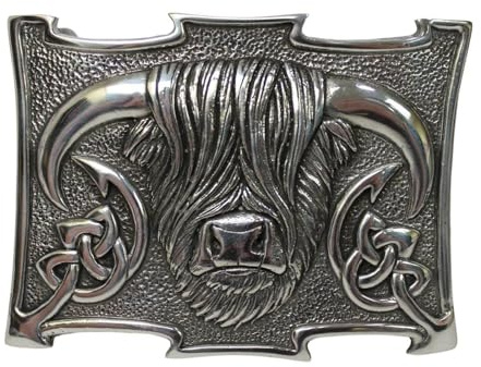 Highland Cow Keltischer Knoten, Kilt-Gürtelschnalle, poliert, traditionelles schottisches Design, 9 cm x 6,5 cm