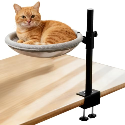 Lit De Bureau pour Chat, Hamac Chat 360°Rotatif, Hauteur Réglable, Panier Bureau avec 2 Tapis Remplaçables, Amovible pour le Nettoyage, 39 x 39 cm, Max 12.7 kg, Utilisation Toute l'Année