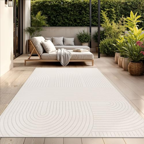 TT Home Outdoor Teppich 160x220 cm Creme, Wetterfest & Robust Japandi Skandi Design mit Geometrischer 3D-Optik, für Terrasse & Wohnzimmer