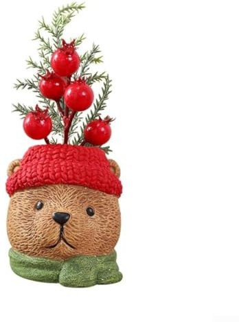 Indoor Christmas Mini Plant in Pot with Resin Santa, Bear, and Reindeer Figures for Festive Home or Office Display 16cm (C)