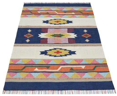 WAWA TEPPICH Kelim Teppich handgewebt Natur 70 x 140 cm | Wollteppich aus indischer Handarbeit, sorgfältig von Hand gefertigt