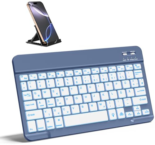 Vobafe Bluetooth Clavier sans Fil pour iPad Air/Pro/Mini/A16/11/10.9/10.2, avec Support Téléphone, Clavier Tablette AZERTY Français pour iOS/Android/Windows, Lumière 7 Couleurs, Bleu Gris