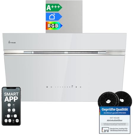 KKT KOLBE Dunstabzugshaube Wandhaube AURORA8005WED, 80 cm kopffrei | 782 cbm/h, Abluft und Umluft, Glas, weiß und silber, SensorTouch-Bedienung, RGBW-LED-Beleuchtung, Smart-WiFi-App, WLAN