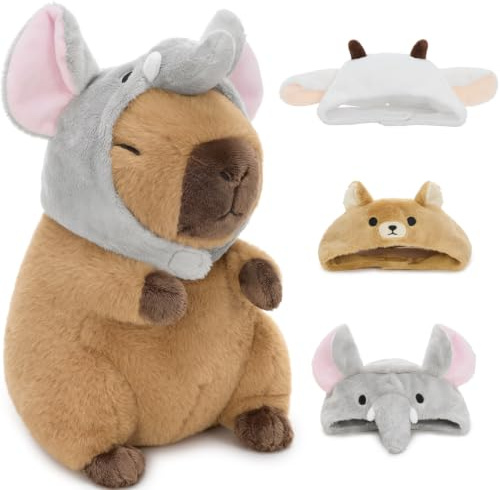 MorisMos 26cm Capybara Soft Toy with 3 Headwear, Adorable Capybara Teddy Plush, for Kids Teenagers Birthday, Playtime, Home Decoration