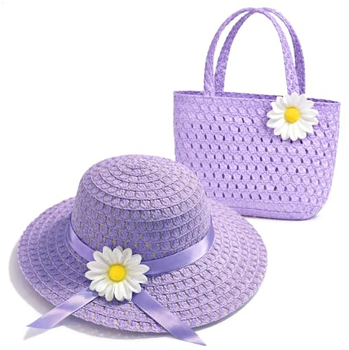 com-four® Mädchen Sommerhut mit Tasche, Strohhut Set mit Blume | süßer Sonnenhut für Strand - Urlaub und Freizeit - leichter Sommerhut mit passender Handtasche
