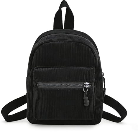 FuninCrea Cord Rucksack Damen Klein, Süß Mini Rucksack Damen mit 2 Reißverschlusstaschen, Rucksack Klein für Frauen und Mädchen Leicht Damen Rucksäcke Klein mit Verstellbarem Gurt für Reisen (Schwarz)