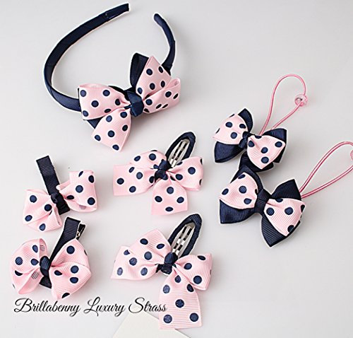 SET BAMBINA CERCHIETTO CAPELLI, 4 MOLLETTINE, 2 CODINI ELASTICI FIOCCO POIS ROSA BLU 7PZ Comunione Compleanno Cerimonia Brillabenny
