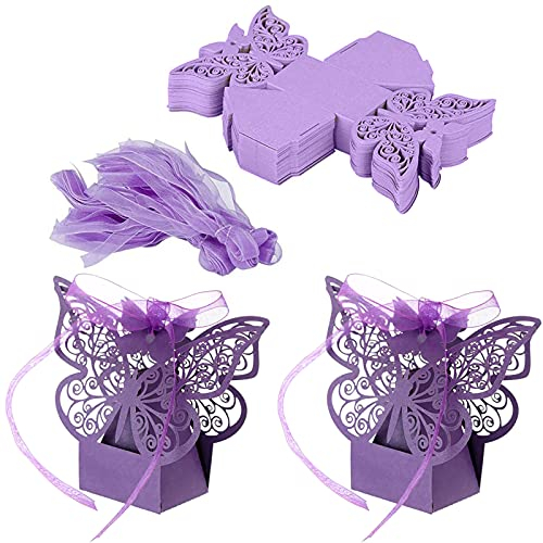Süßigkeiten Schachtel Hochzeit, 50 Stück Laserschnitt Schmetterling Hochzeit Geschenkbox, Candy Geschenkboxen, Geschenkschachtel Lila mit Bändern für Geburtstage, Hochzeiten, Partys, Festivals