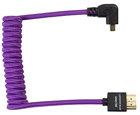 KONDOR BLUE x Gerald Undone | Micro HDMI to Full HDMI Cable 12-24 Braided Coiled (Left Angle) | 4K 60Hz, 18Gbps, HDR, 3D Video & Nylon Braided with Reinforced connectors | Purple