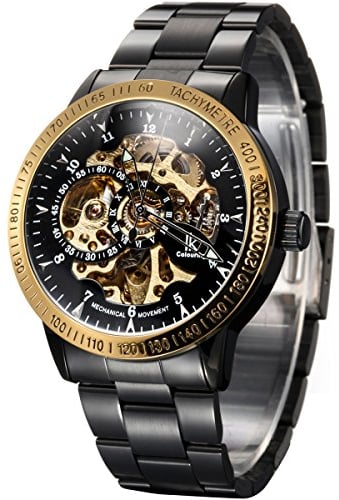 Alienwork IK Automatikuhr Armbanduhr Herren Damen Schwarz Edelstahl Metallarmband Skelett Glasboden