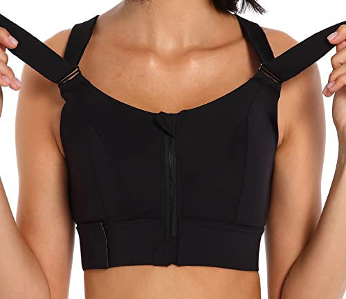 CLOUSPO Women Sports Bra Front Fastening High Impact Zip Front Post Surgery Running Yoga Zip Front Bras Crop Top with Adjustable Straps (S, Black)