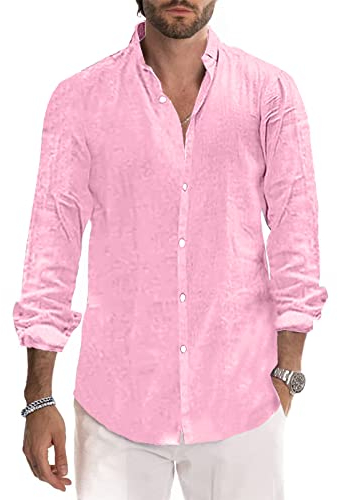 Sprifloral Camicie da uomo Camicia di lino di cotone Camicia casual a maniche lunghe Button Down Beach Shirt Rosa L (21118A), rosa