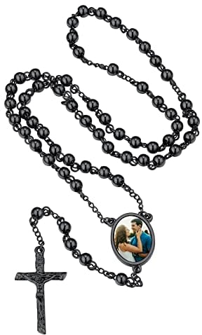 FindChic Kette für Damen Rosenkranz Kommunion Halskette Perlen Katholische Kreuz Anhänger Edelstahl Personalisierte Kette mit Bild Schwarz