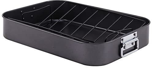 Bakeley Roasting Pan, Nonstick Roaster Pan with Rack, Turkey Roasting Pan with V Rack, 17 Inch x 13 Inch, Black