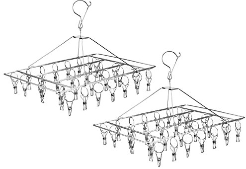 KEILEOHO 2 Pack 16 x 12 Inches Clothes Drying Rack, 72 Clips Stainless Steel Clip and Drip Hangers, Wind-Proof Clothes Hanger Rack Laundry Accessories for Towels, Bras, Underwear, Silver