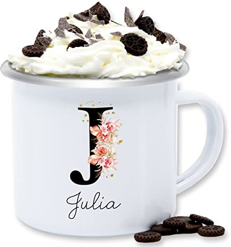 Emaille Tasse Blechtasse - Buchstabe mit Name personalisiert I Anfangsbuchstabe I Initiale - 300 ml - Weiß Silber - anpassbare namensbecher buchstaben j becher personalisierte initialen