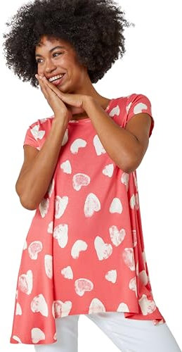Roman Originals Heart Print Hanky Hem Tunic for Women UK - Ladies Spring Everyday Summer Holiday Round Neckline Comfy Short Sleeve Soft Shirt Soft Jersey Tops - Pink - Size 12