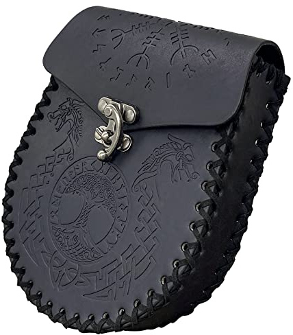 Mittelalterliche Kunstledertasche,Schwarze Wikinger Gürteltasche,Nordische geprägte Ledermünztasche,LARP Renaissance Tasche für Frauen Männer