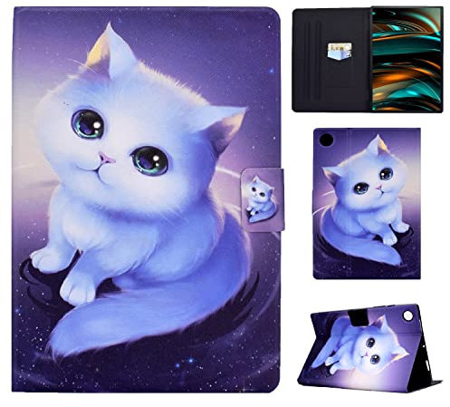 Vaitasy Funda Huawei Mediapad M5 Lite 10 10,1 Pulgadas 2018, Flip Book Protectora Cover con Ranura para bolígrafo Carcasa para Huawei Mediapad M5 Lite 10.1 - Gato Blanco