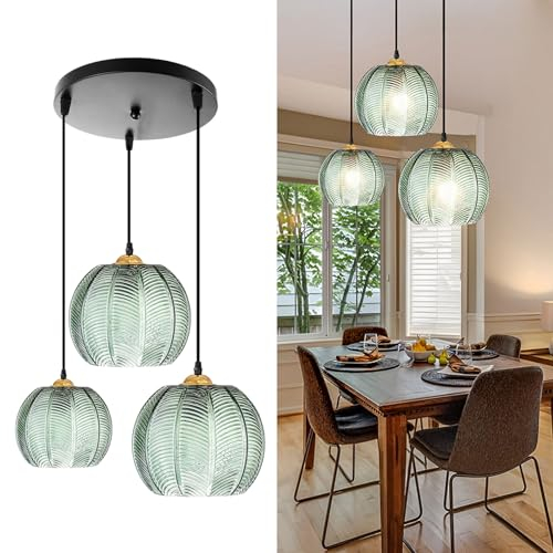 Suspension en Verre Vintage,luminaires Suspendus en Verre Vert,suspensions Îlot de Cuisine avec Abat-Jour en Verre nervuré fabriqué à la Main,Lampe Suspendue pour évier de Salon de Chambre (3 Light)